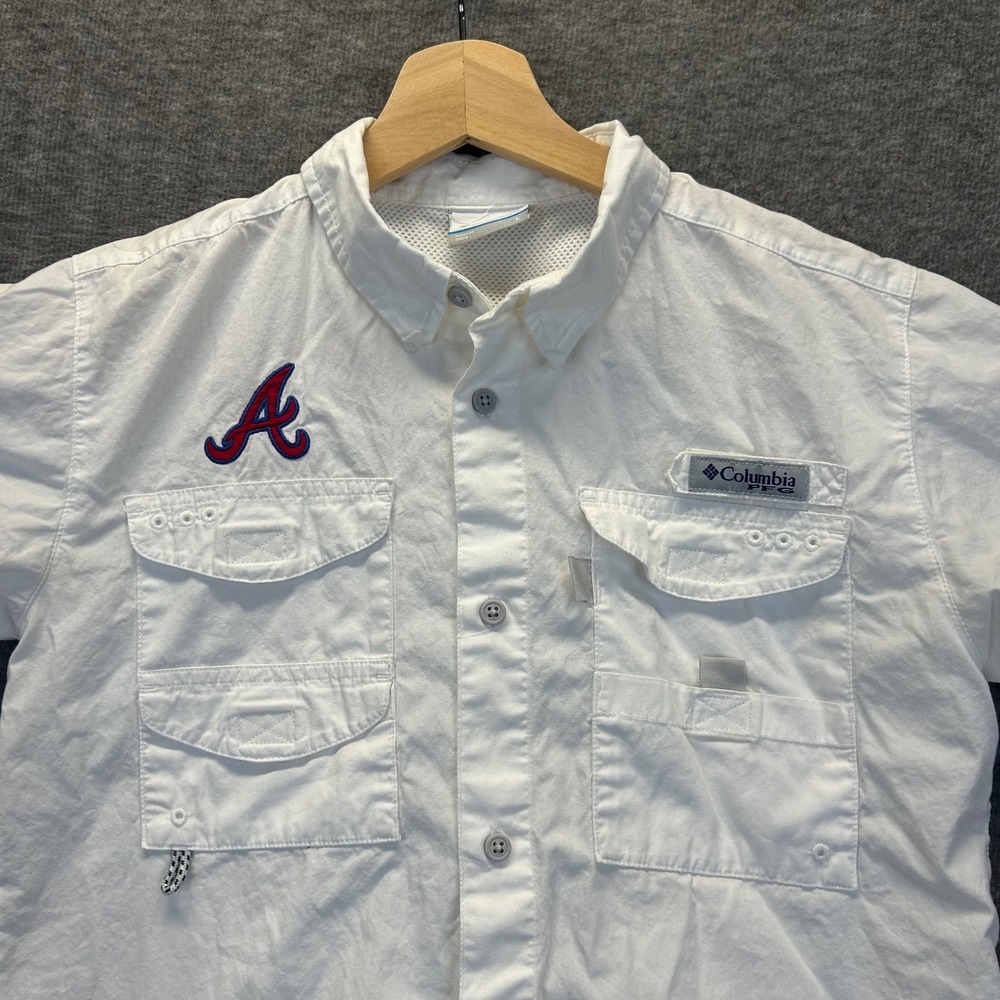 Columbia‎ PFG Atlanta Braves Shirt Kids Large White Short Sleeve Button Up MLB